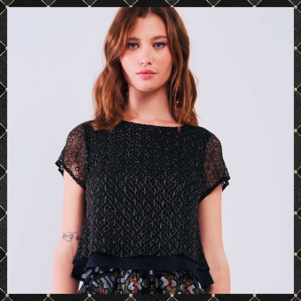 Black and Gold Butterfly Weave Layered Crochet Top, sizes Small and Medium